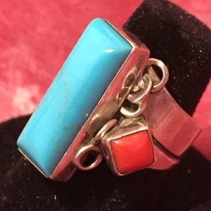 Vintage Signed Silver Turquoise & Coral Ring
